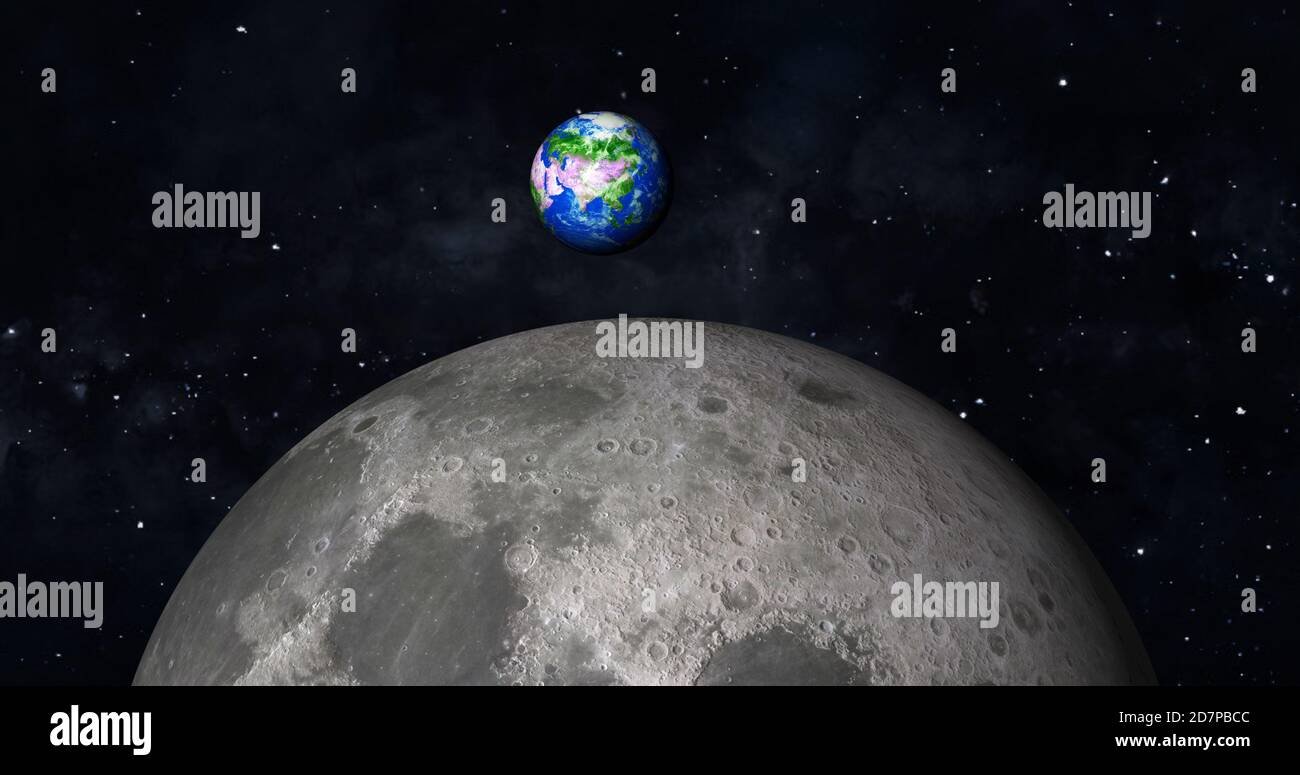 3d rendering foto realistica luna e terra con galassia colorata o nebulosa. vista frontale della luna e della terra dallo spazio con i paesaggi vista completa terra 4k Foto Stock
