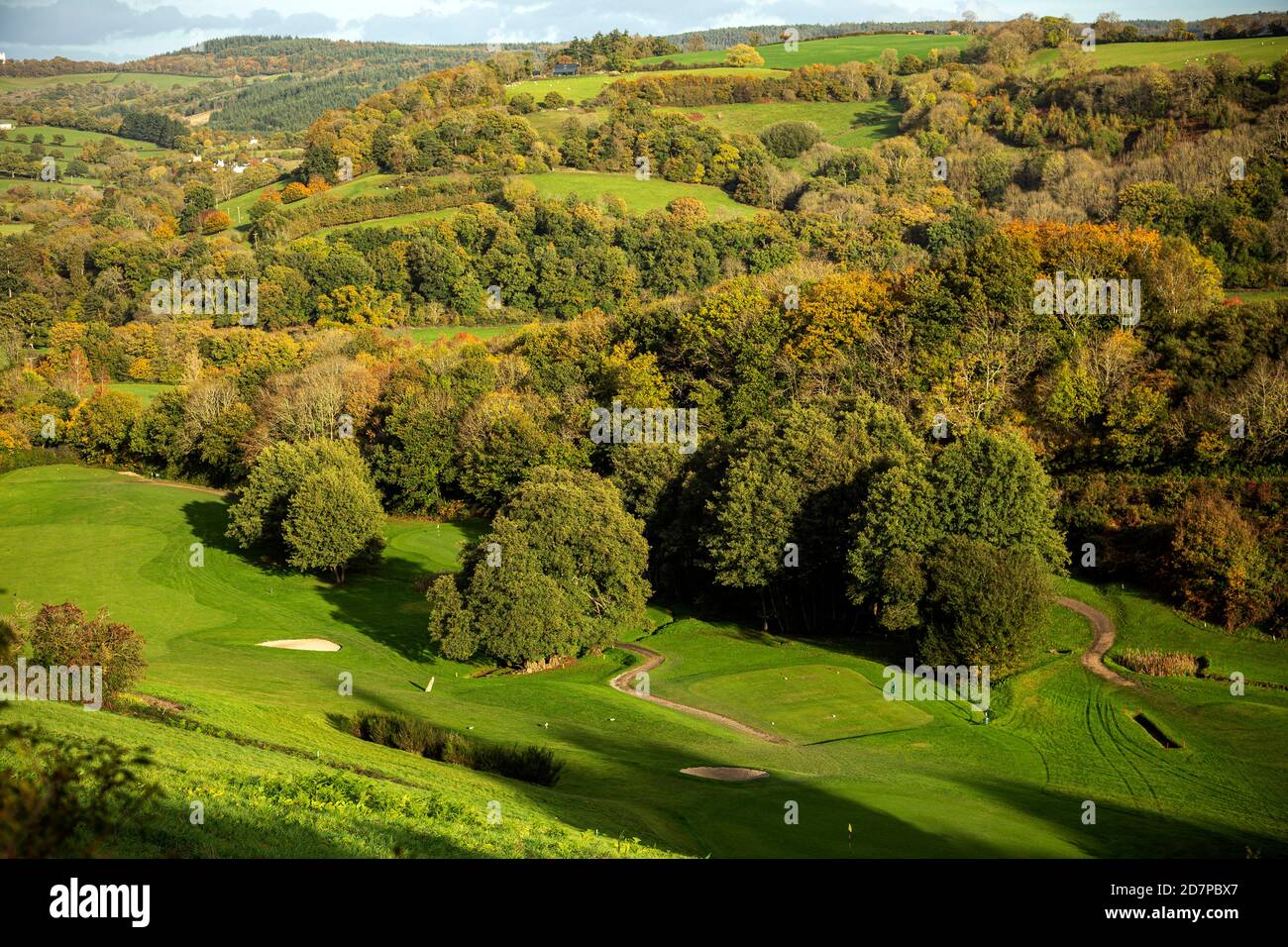 teign Valley golf club, Devon, scena rurale, campo agricolo, Agricoltura, arrangiamento, bellezza nella natura, Inghilterra, Fattoria, orizzontale, Paesaggio Foto Stock