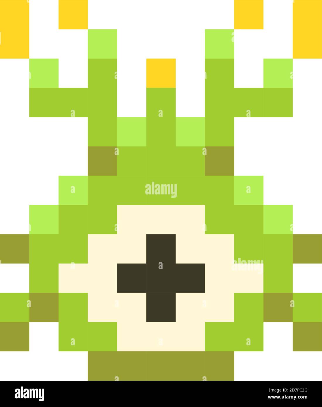 Carino spazio verde invaditore mostro, gioco nemico in pixel art stile su bianco Illustrazione Vettoriale