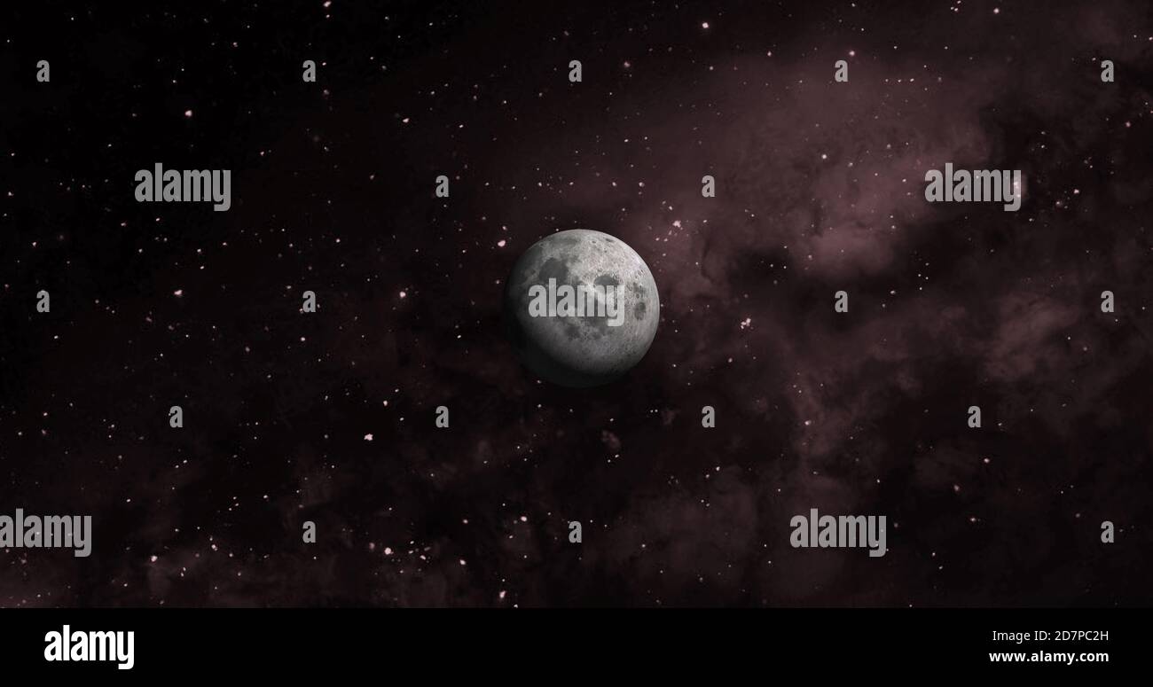 Pianeta luna con galassia colorata . 3d Moon Planet nello spazio con notte stellata colorata. Vista frontale della luna dallo spazio. Guarda la terra risoluzione 4k. Foto Stock