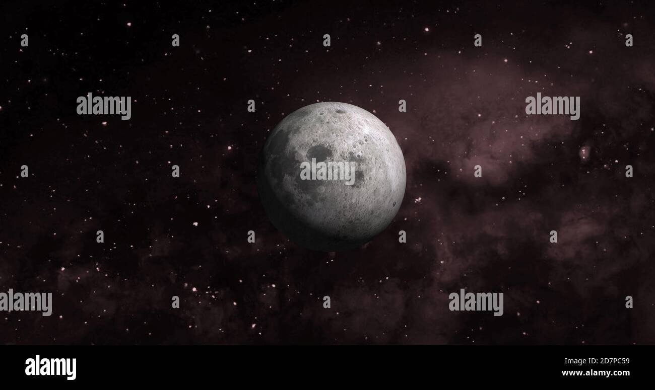 Pianeta luna con galassia colorata . 3d Moon Planet nello spazio con notte stellata colorata. Vista frontale della luna dallo spazio. Guarda la terra risoluzione 4k. Foto Stock
