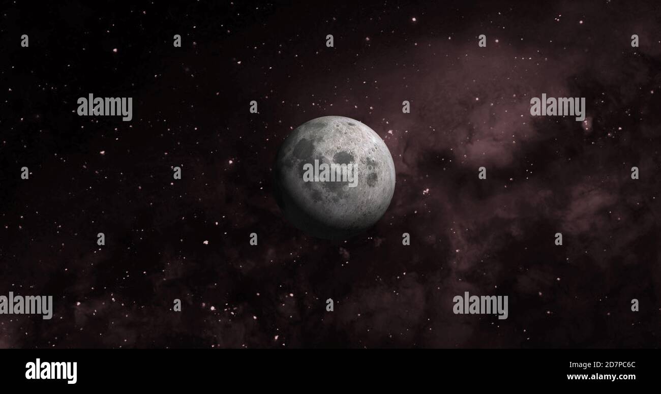 Pianeta luna con galassia colorata . 3d Moon Planet nello spazio con notte stellata colorata. Vista frontale della luna dallo spazio. Guarda la terra risoluzione 4k. Foto Stock