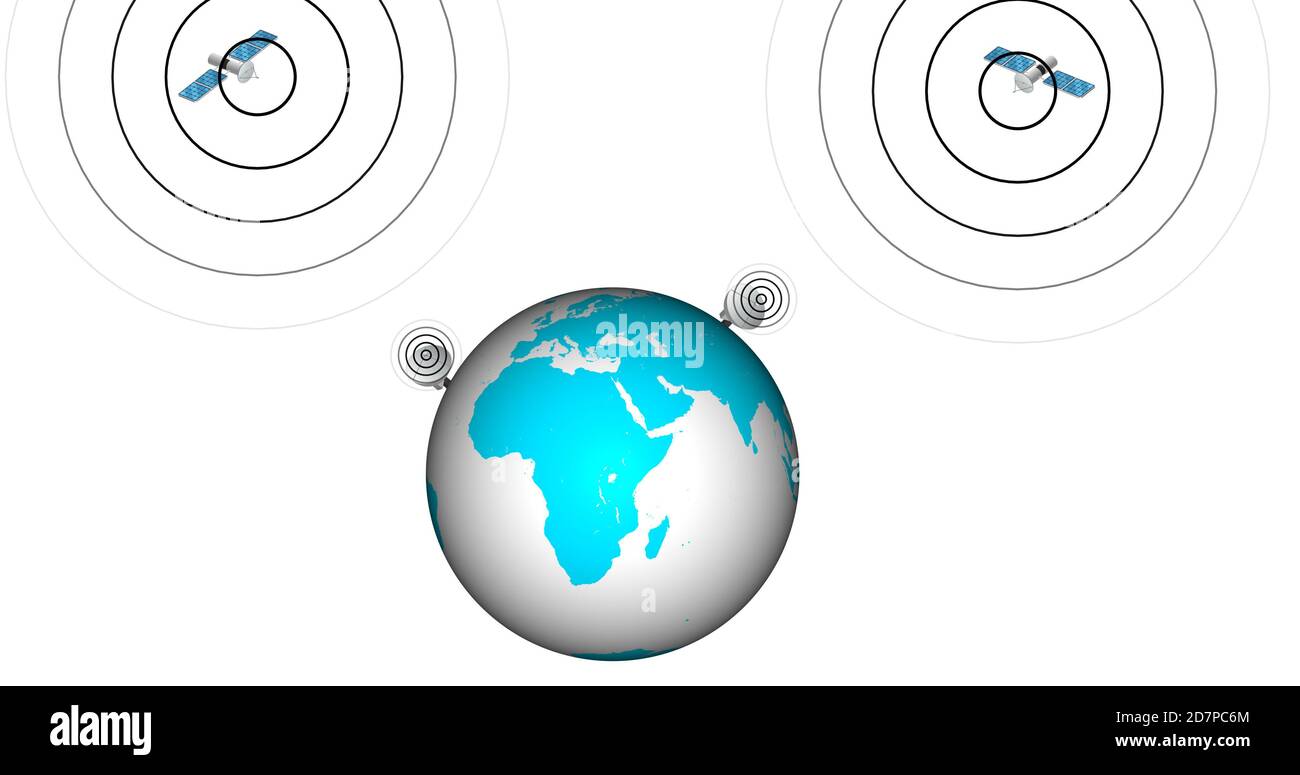 Invio di dati da terra a satellite. Concetto di connessione dati digitale. Concetto di invio dati. Concetto di comunicazione in tutto il mondo tramite onde radio Foto Stock