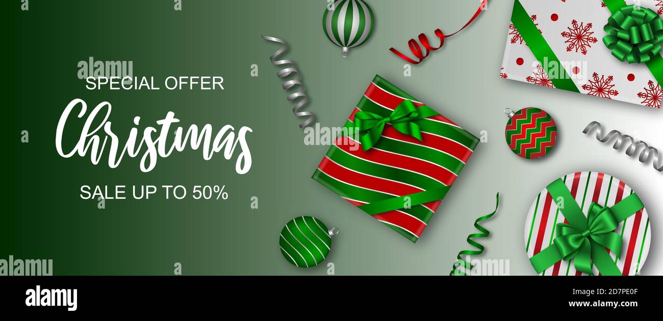 banner di vendita di natale con scatole regalo, palline di natale e streamer Illustrazione Vettoriale