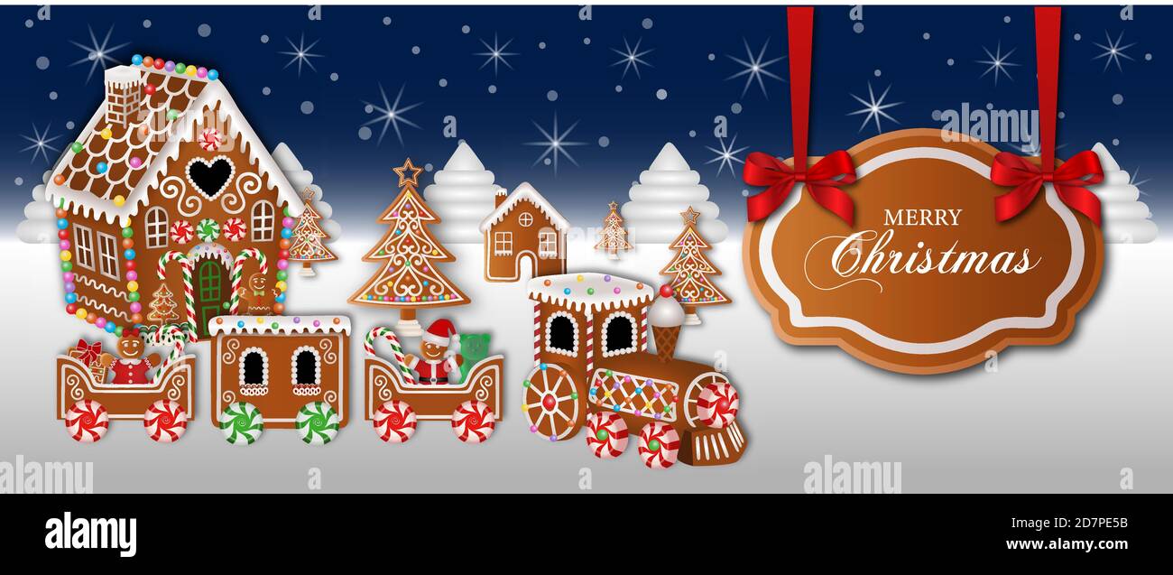 allegro banner natalizio con casa di pan di zenzero e alberi Illustrazione Vettoriale
