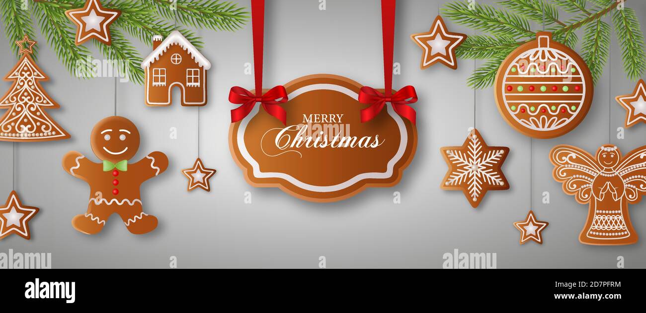 allegro banner natalizio con pani di zenzero e rami di pino Illustrazione Vettoriale