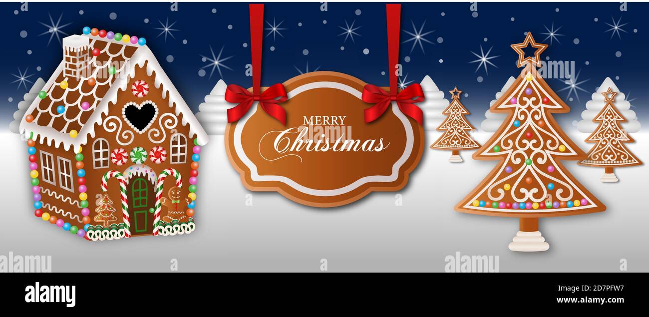 allegro banner natalizio con casa di pan di zenzero e alberi Illustrazione Vettoriale