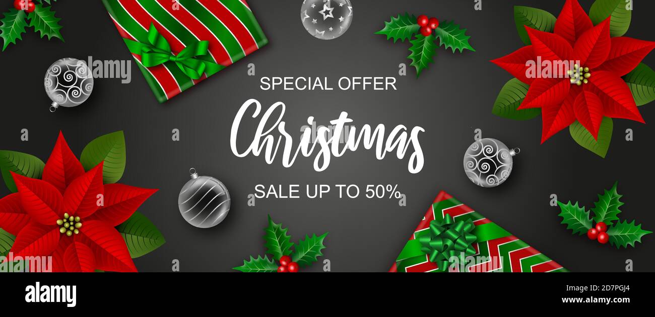 banner di vendita natalizia con scatole regalo, palle di natale, fiori di agrifoglio e poinsettia Illustrazione Vettoriale