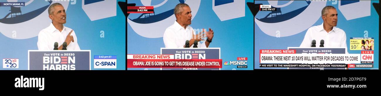 North Miami, Florida, Stati Uniti. 24 Ott 2020. Lo schermo multiplo viene catturato dalla copertura di C-SPAN, MSNBC e CNN del presidente BARACK OBAMA che ha condotto una campagna in un raduno di auto drive-in a North Miami per conto del suo ex vice presidente, JOE BIDEN. Il ritardo del satellite tiene conto delle diverse immagini. Credit: C-Span MSNBC CNN/ZUMA Wire/Alamy Live News Foto Stock