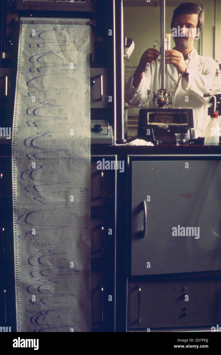 Il tecnico Zeljko Kwokal al Pulse Polagraph misura le impurità metalliche nelle acque reflue industriali ca. 1973 Foto Stock