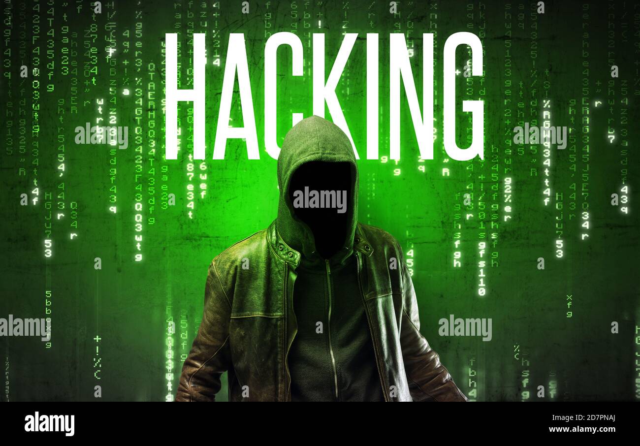 Hacker senza volto con iscrizione HACKING, concetto di hacking Foto Stock