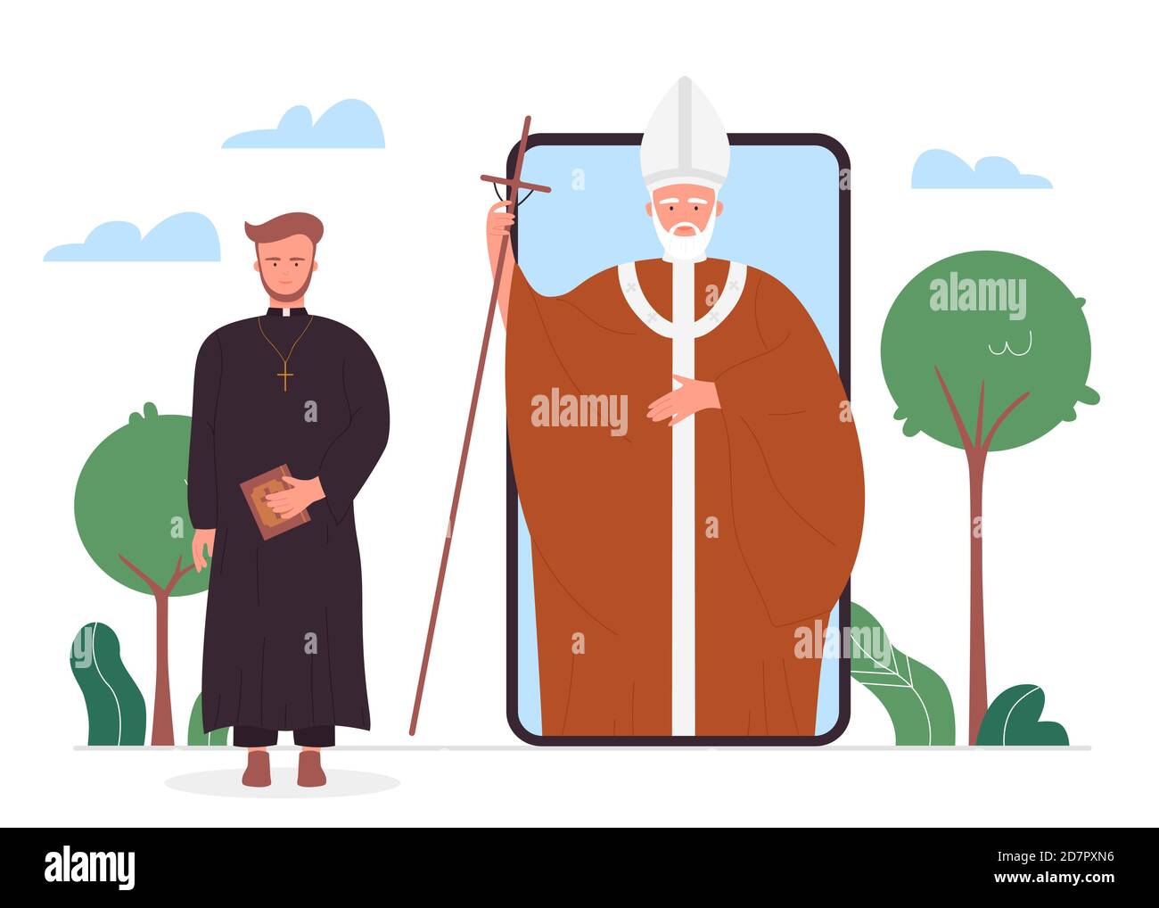 Illustrazione vettoriale online della Chiesa. Cartoon sacerdoti cristiani in religione notizie per app mobile di smartphone gadget telefono, programma di servizio applicazione internet per studio online Bibbia isolato su bianco Illustrazione Vettoriale
