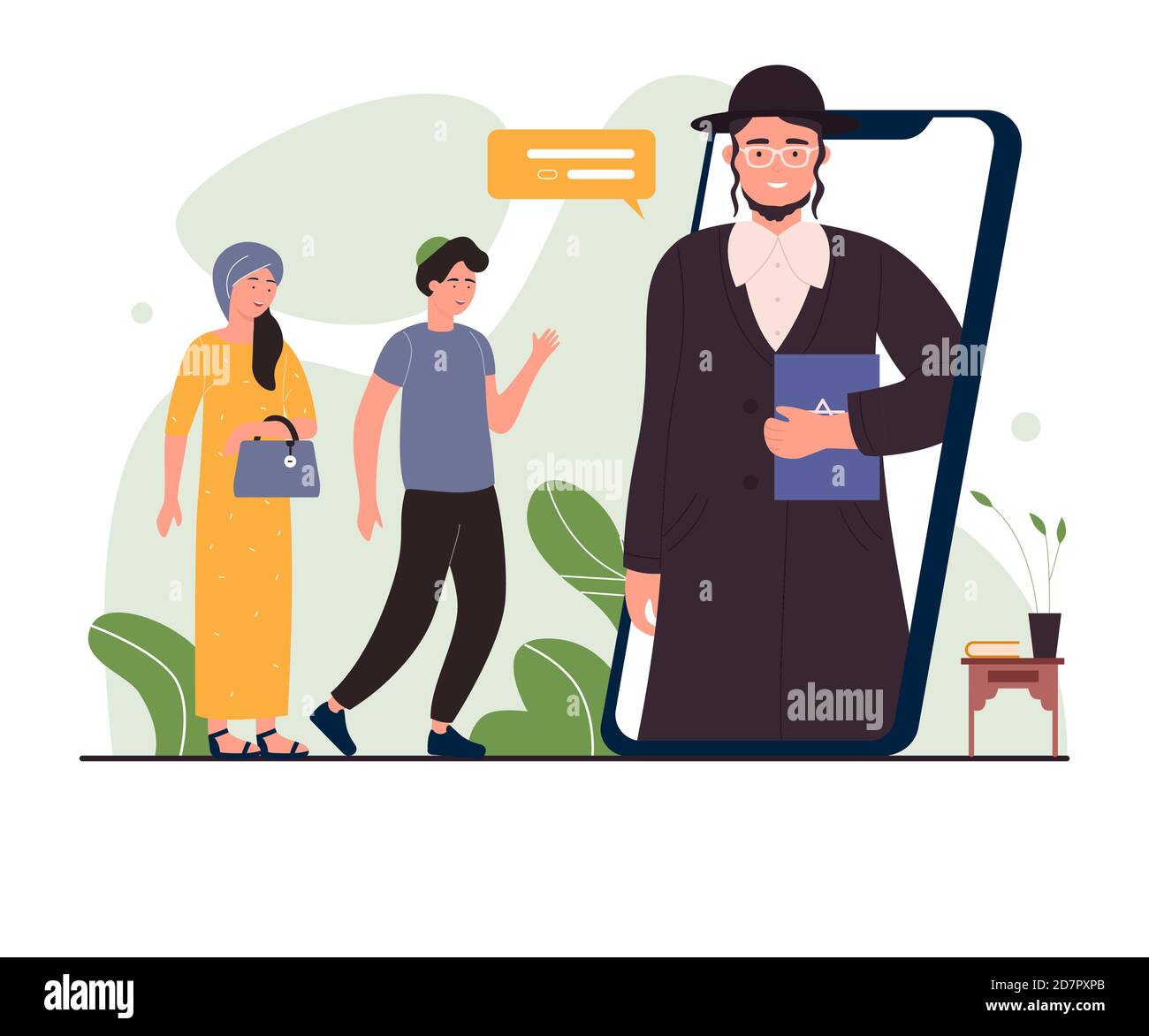 Illustrazione vettoriale della sinagoga online. Cartoon donna uomo personaggi incontro on-line con il rabbino ebraico, visitando la sinagoga a Sabato Sabbath, utilizzando il culto digitale religione servizio app mobile per telefono Illustrazione Vettoriale