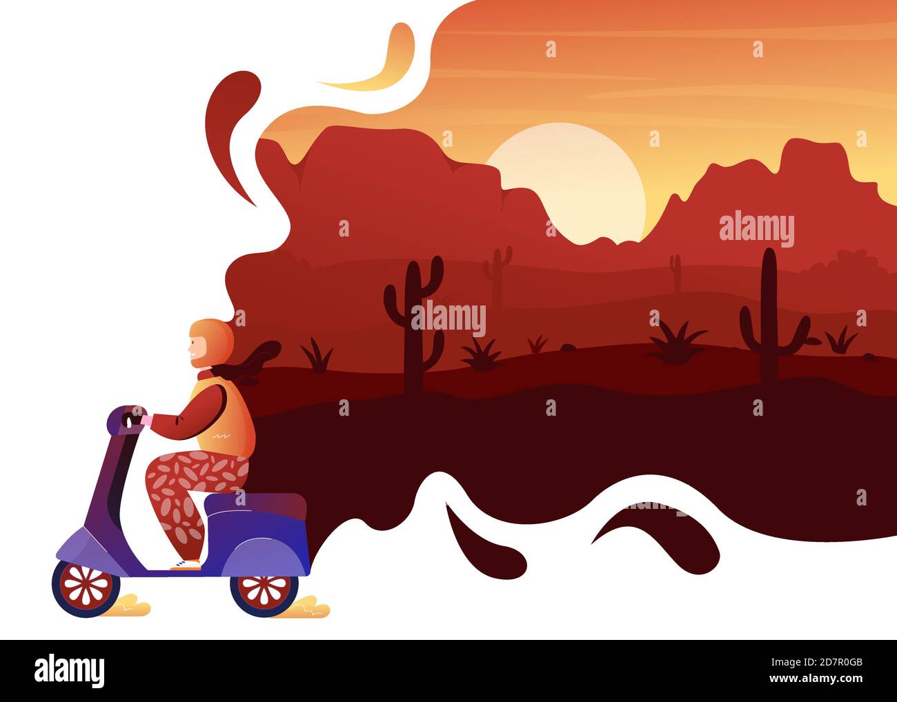 Deserto natura selvaggia avventura viaggio concetto vettore illustrazione. L'uomo del viaggiatore del cartone animato guida lo scooter per scoprire le terre rocciose deserte con i cactus al tramonto, sfondo selvaggio asciutto del paesaggio Illustrazione Vettoriale