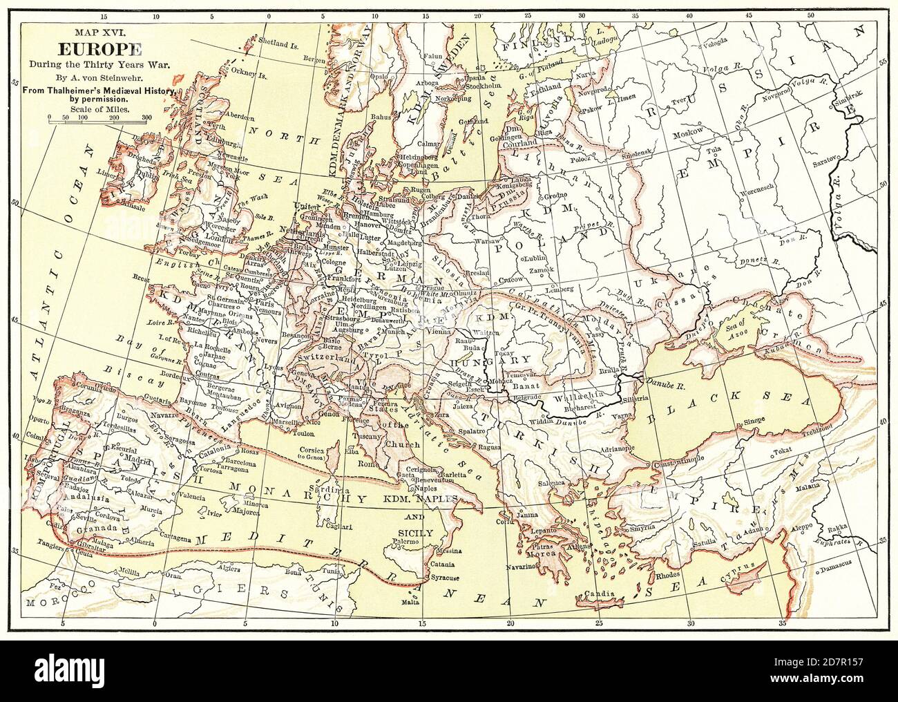 Mappa XVI, Europa, durante la Guerra dei Trent'anni, di A. von Steinwehr, dalla Storia medievale di Thalheimer per permesso, Illustrazione, Storia del mondo di Ridpath, Volume III, di John Clark Ridpath, LL. D., Merrill & Baker Publishers, New York, 1897 Foto Stock