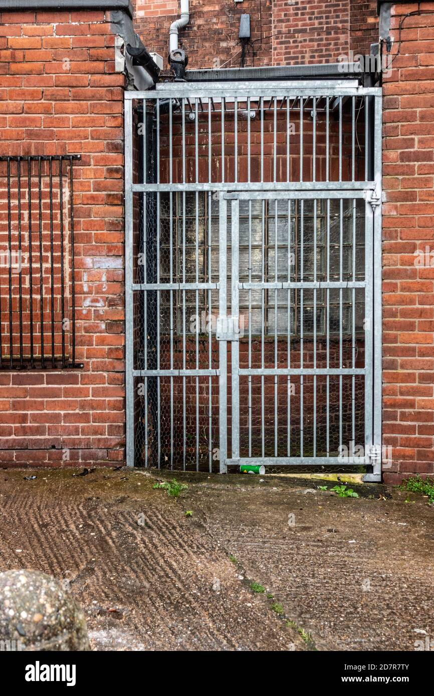 Barre di sicurezza metalliche della griglia su una porta posteriore di a. negozio Foto Stock