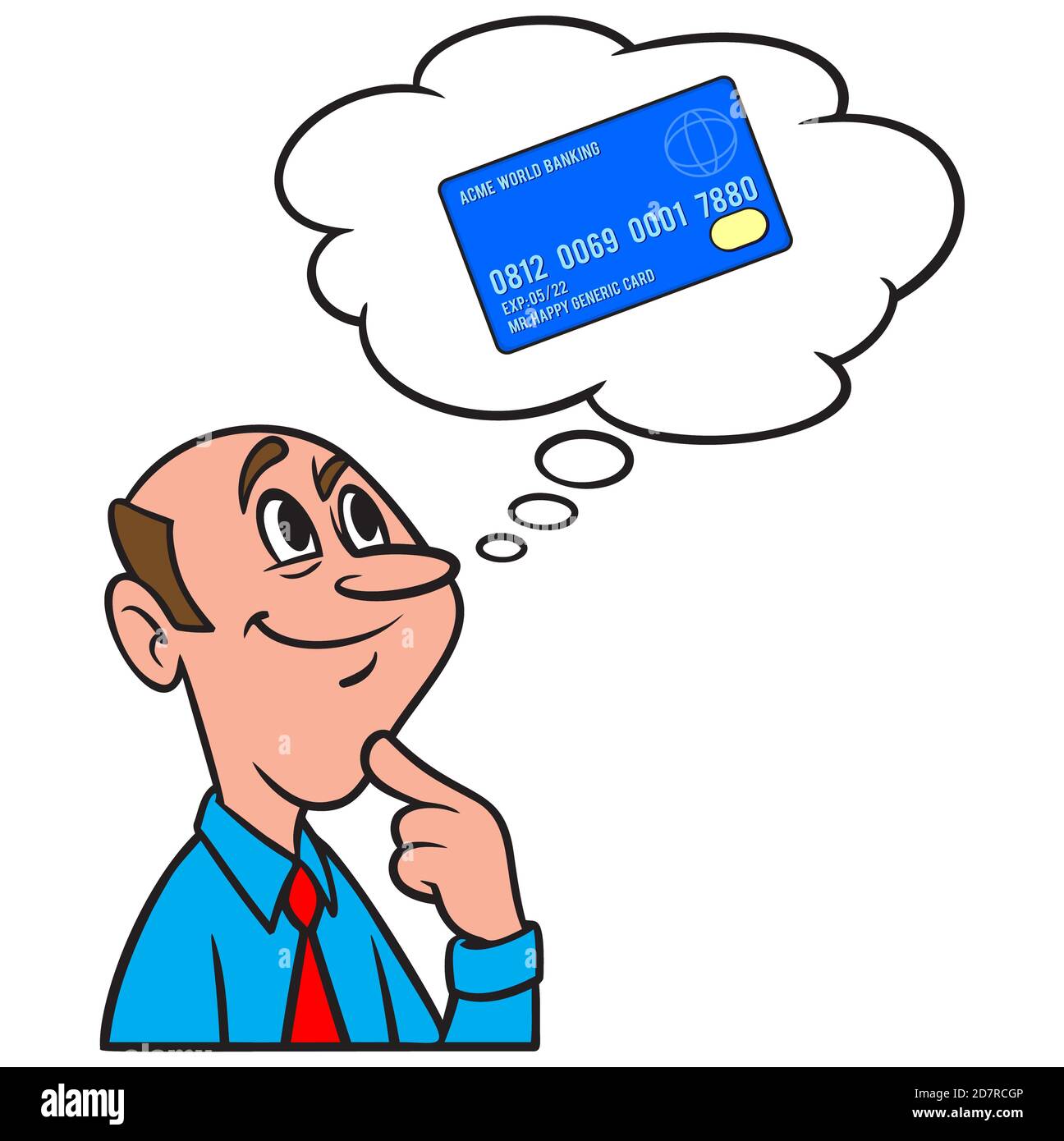 Pensare alla carta di credito - un'illustrazione cartoon di un uomo che pensa a una carta di credito. Illustrazione Vettoriale