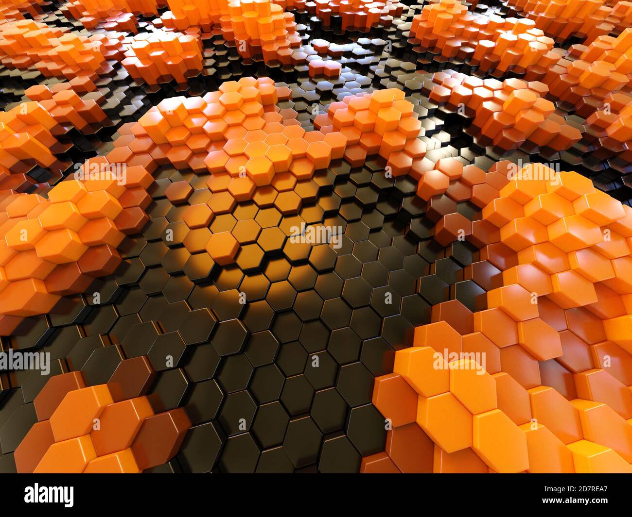 ambiente cubico topografico 3d arancione e nero fatto di atomi di plastica, illustrazione 3d Foto Stock