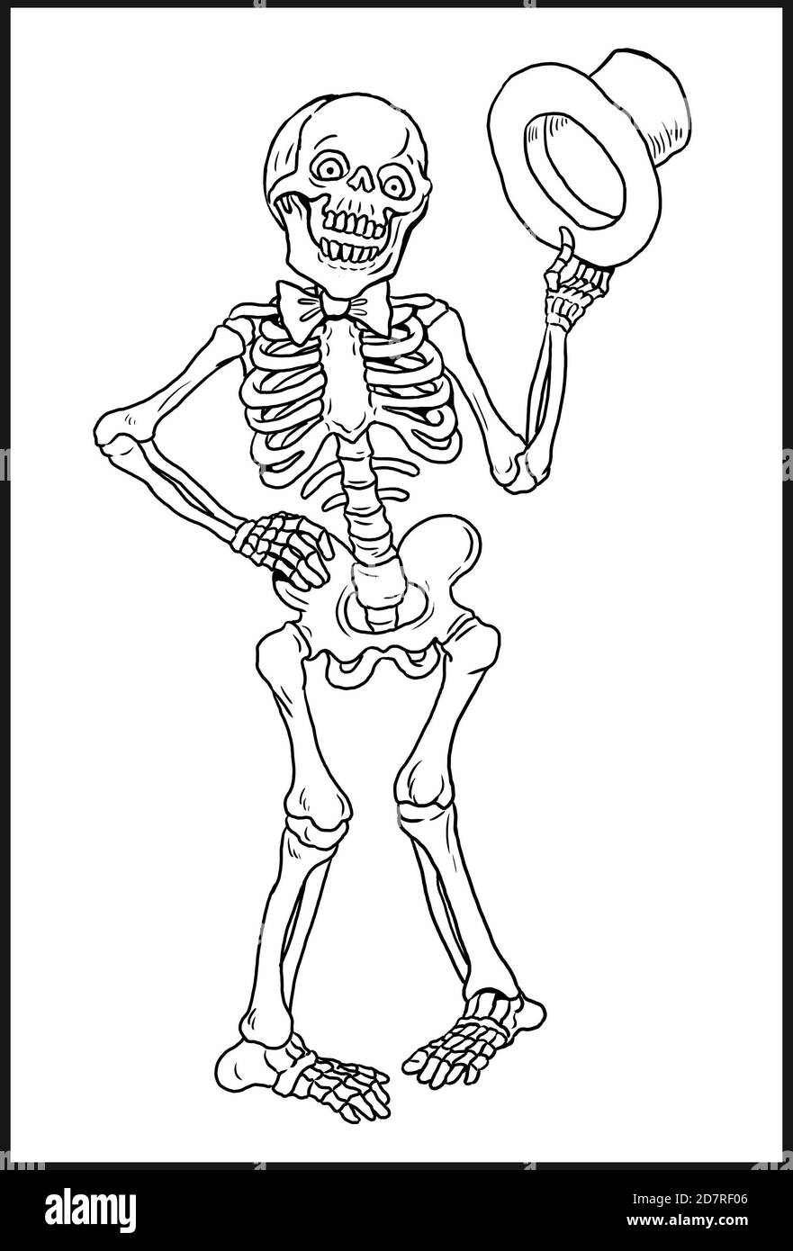 Scheletro umano divertente. Disegno di Halloween. Modello di colorazione. Foto Stock
