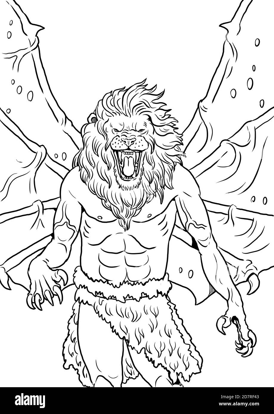 Disegno mutante fantasy. Uomo leone con dima da colorare delle ali. Foto Stock
