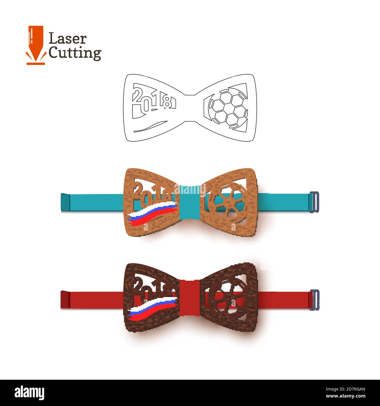 Modello di cravatta con taglio laser per la coppa del mondo di calcio 2018 con bandiera russa. Silhouette vettoriale per il taglio su tornio in legno, metallo Illustrazione Vettoriale