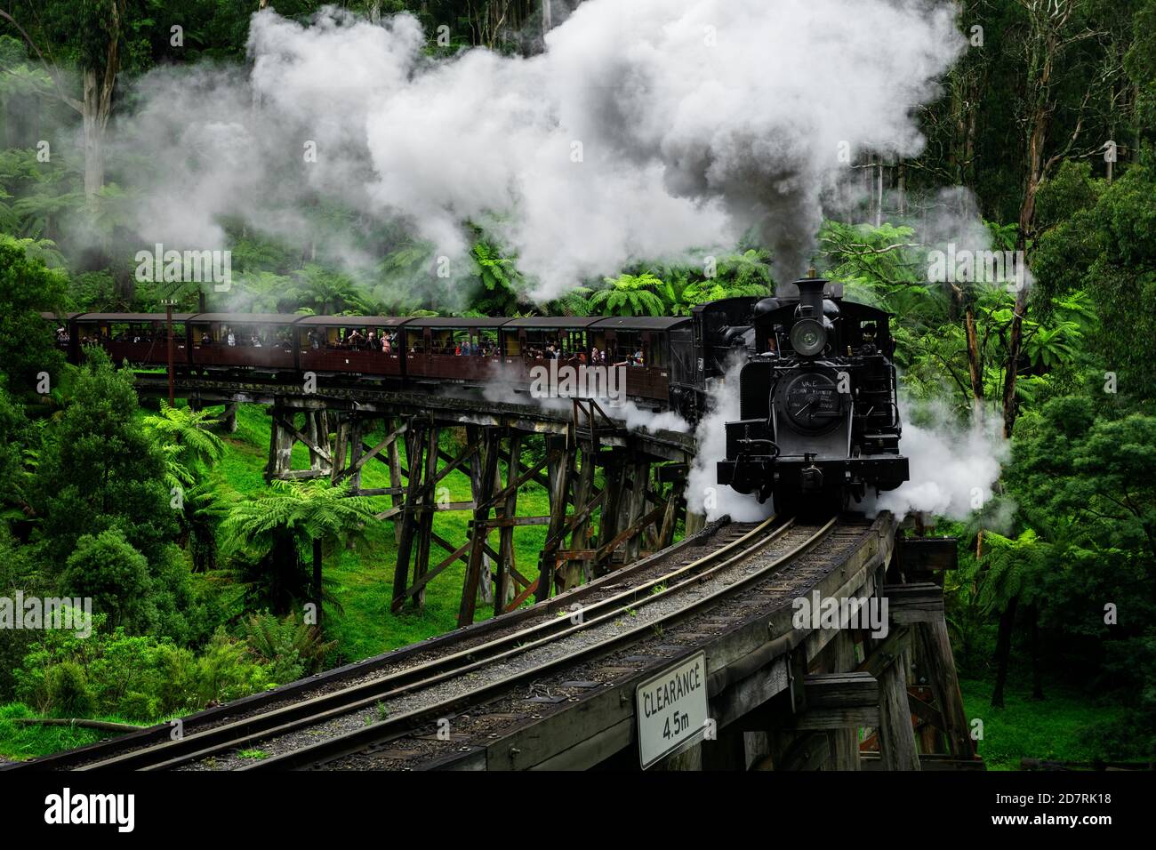 Il famoso ponte a traliccio del treno a vapore Puffing Billy nelle catene montuose di Dandenong. Foto Stock