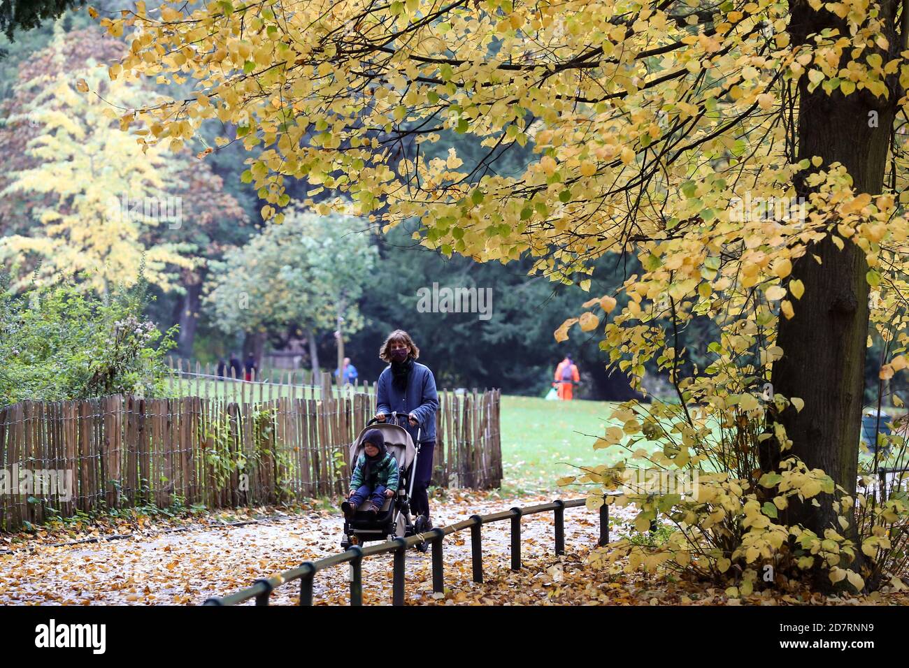 (201025) -- BRUXELLES, 25 ottobre 2020 (Xinhua) -- UNA donna che indossa una maschera facciale cammina in un parco a Bruxelles, Belgio, 24 ottobre 2020. Il Ministro-Presidente della Regione capitale di Bruxelles Rudi Vervoort ha annunciato sabato ulteriori misure drastiche saranno attuate per combattere contro COVID-19 in occasione di un incontro con 19 sindaci della regione di Bruxelles. Un coprifuoco è stato esteso dalle 10 alle 6. Cinemas, teatri, musei, centri culturali e spazi espositivi saranno chiusi. Anche le sale sportive saranno chiuse e l'uso delle maschere rimarrà obbligatorio in tutta la regione di Bruxelles. Questi ne Foto Stock