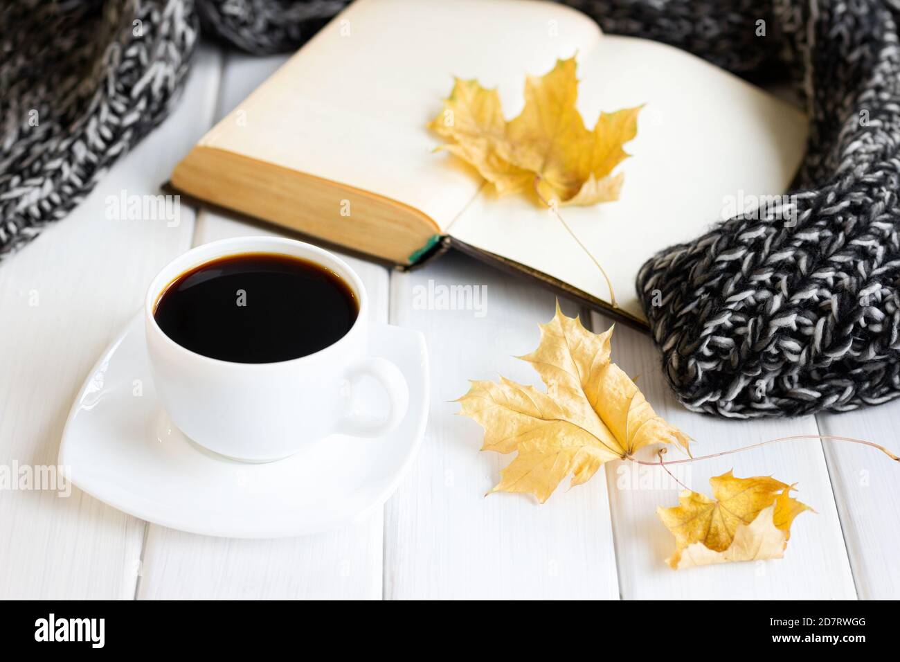 Foglie gialle d'autunno, tazza di caffè, sciarpa calda lavorata a maglia con vecchio libro aperto su tavole di legno bianche. Casa accogliente lettura, hygge concetto Foto Stock