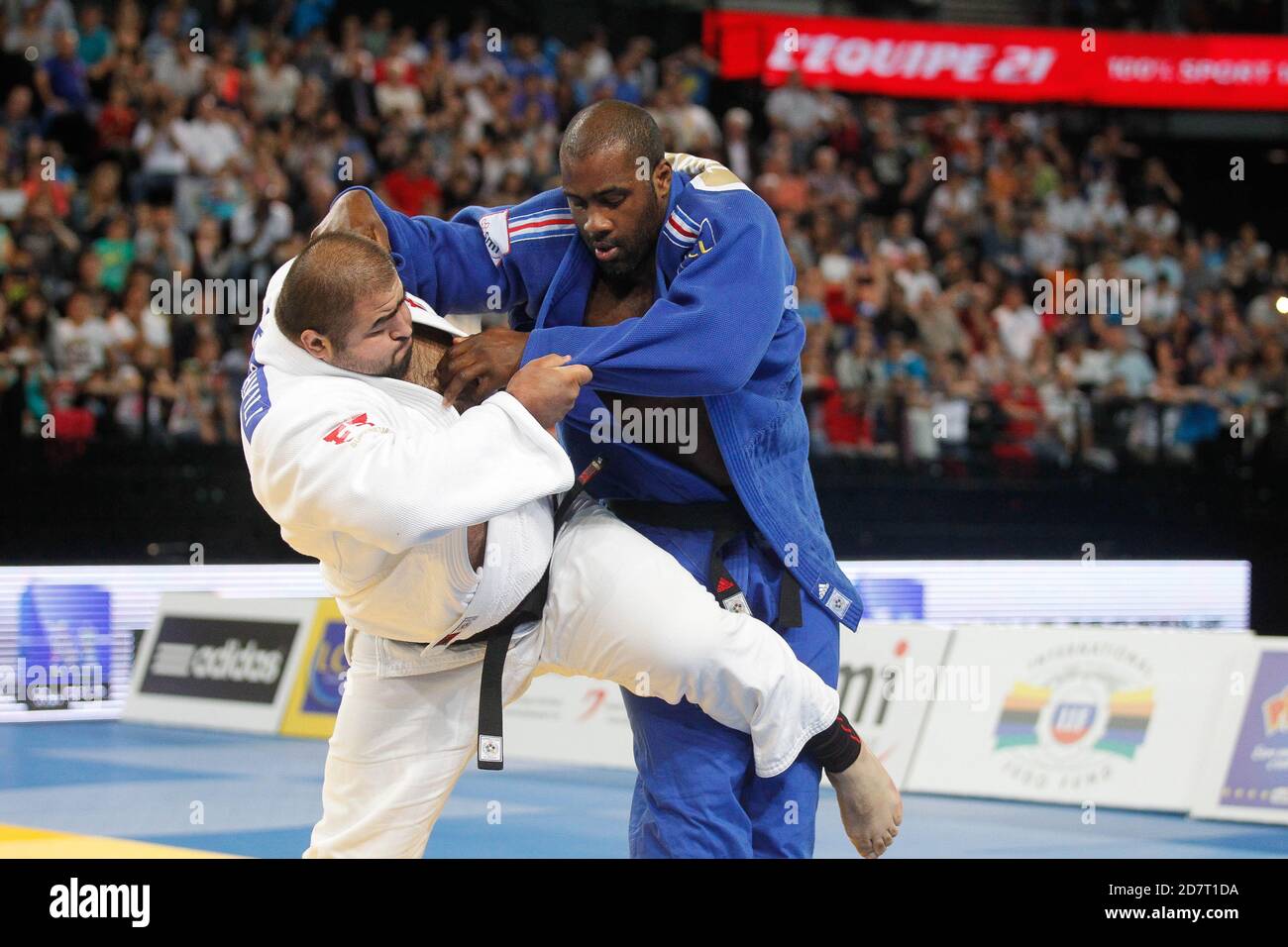 RINER, Teddy del francese e OKRUASHVILI, Adam di Georgie + 100 Kg finale durante il Campionato europeo Judo Seniors 2014 il 25 aprile 2014 a Montpellier, Francia - Foto Laurent Lairys / DPPI Foto Stock