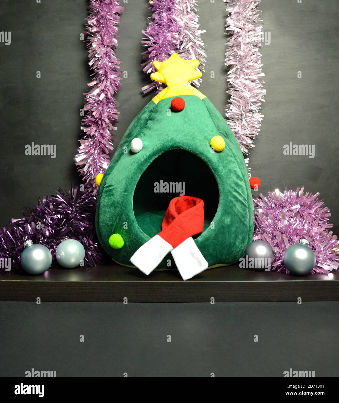 Un letto di gatto di Natale in un arredamento di Natale, durante la fine dell'anno celebrazioni Foto Stock