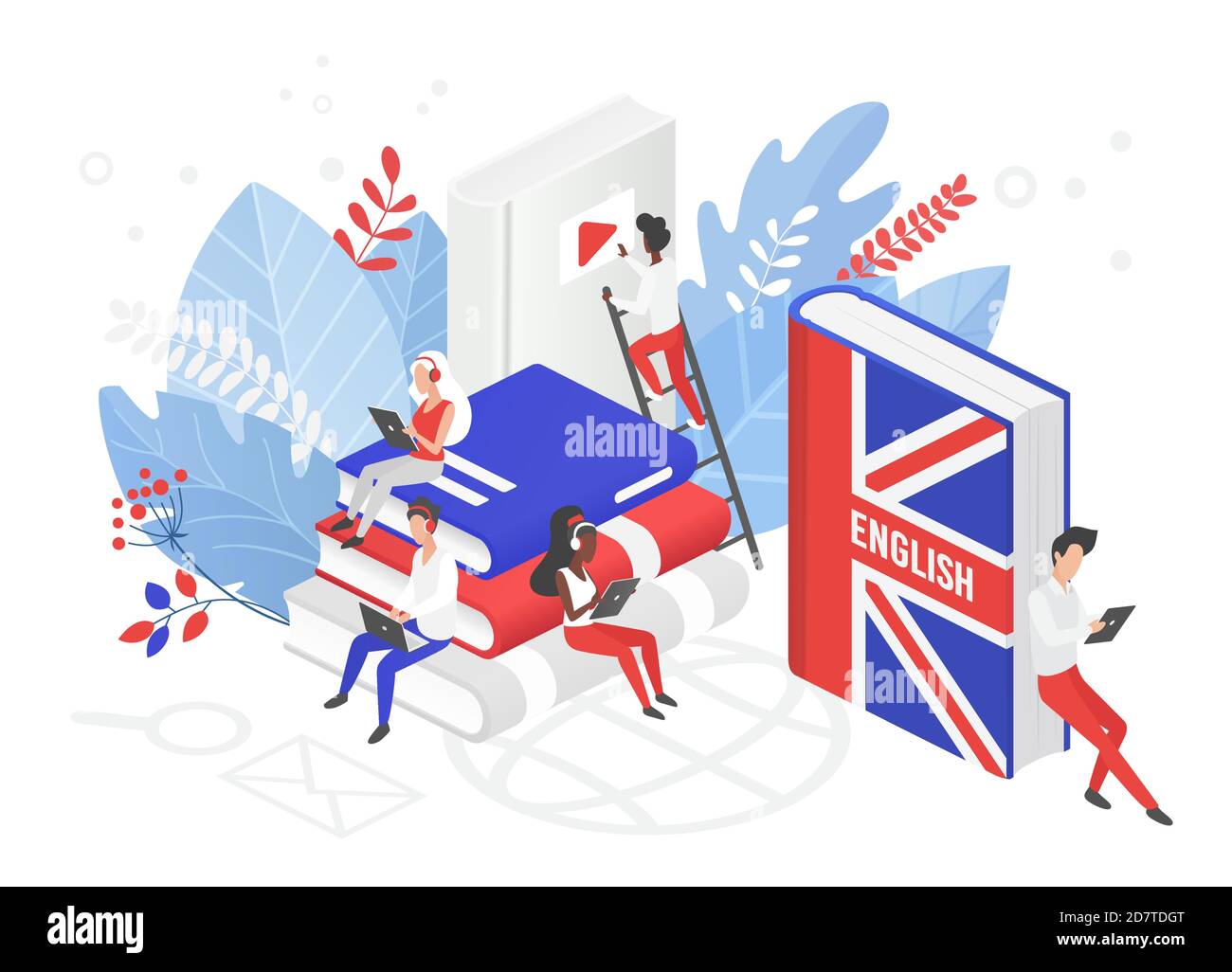 Online Italia Corsi di lingua inglese illustrazione vettoriale isometrica 3d. Istruzione a distanza, scuola remota, università della Gran Bretagna. Studenti che leggono libri corso su Internet, scuola di lingua e apprendimento Illustrazione Vettoriale