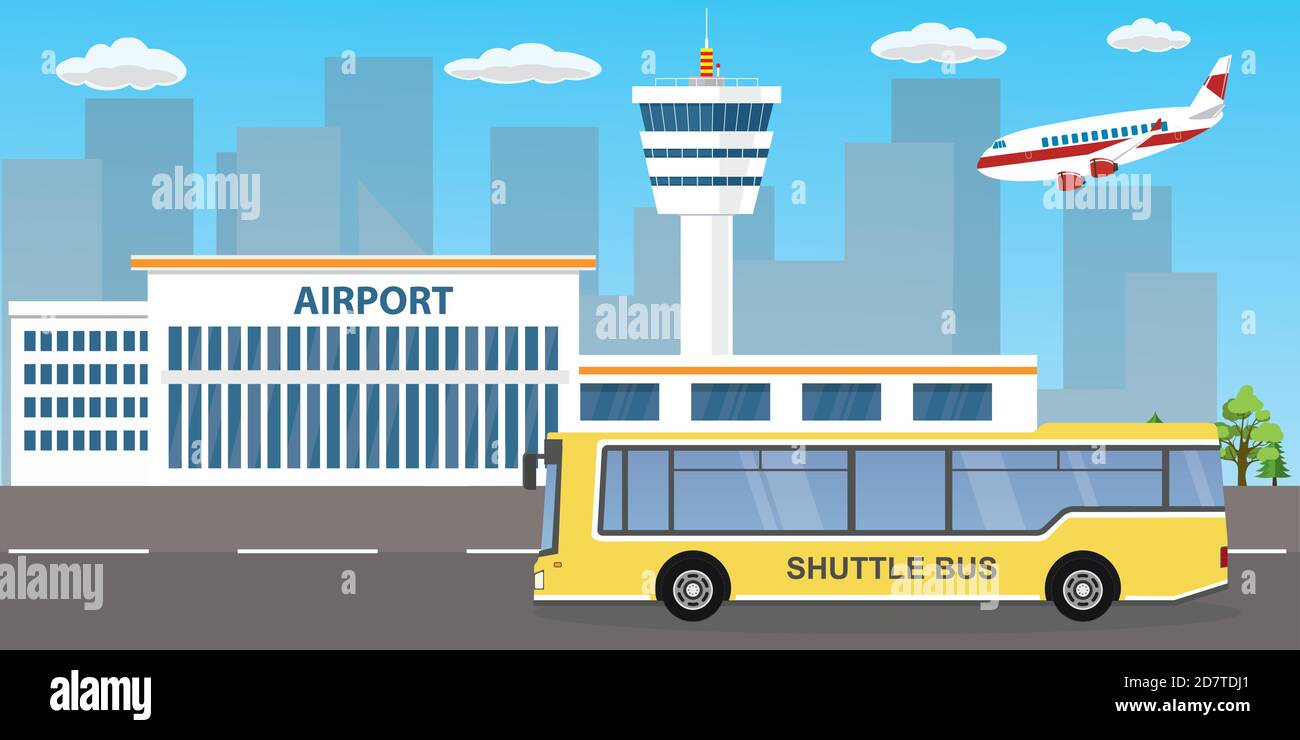 Edifici aeroportuali, torre di controllo, atterraggio aereo moderno e ai Illustrazione Vettoriale