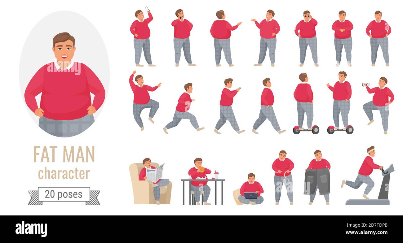 Fat MAN pone un insieme di illustrazioni vettoriali. Corpo cartone animato personaggio maschile positivo con pullover rosso e pantaloni grigi, che mostra diverse posizioni di azione pose in vista anteriore, laterale o posteriore isolato su bianco Illustrazione Vettoriale