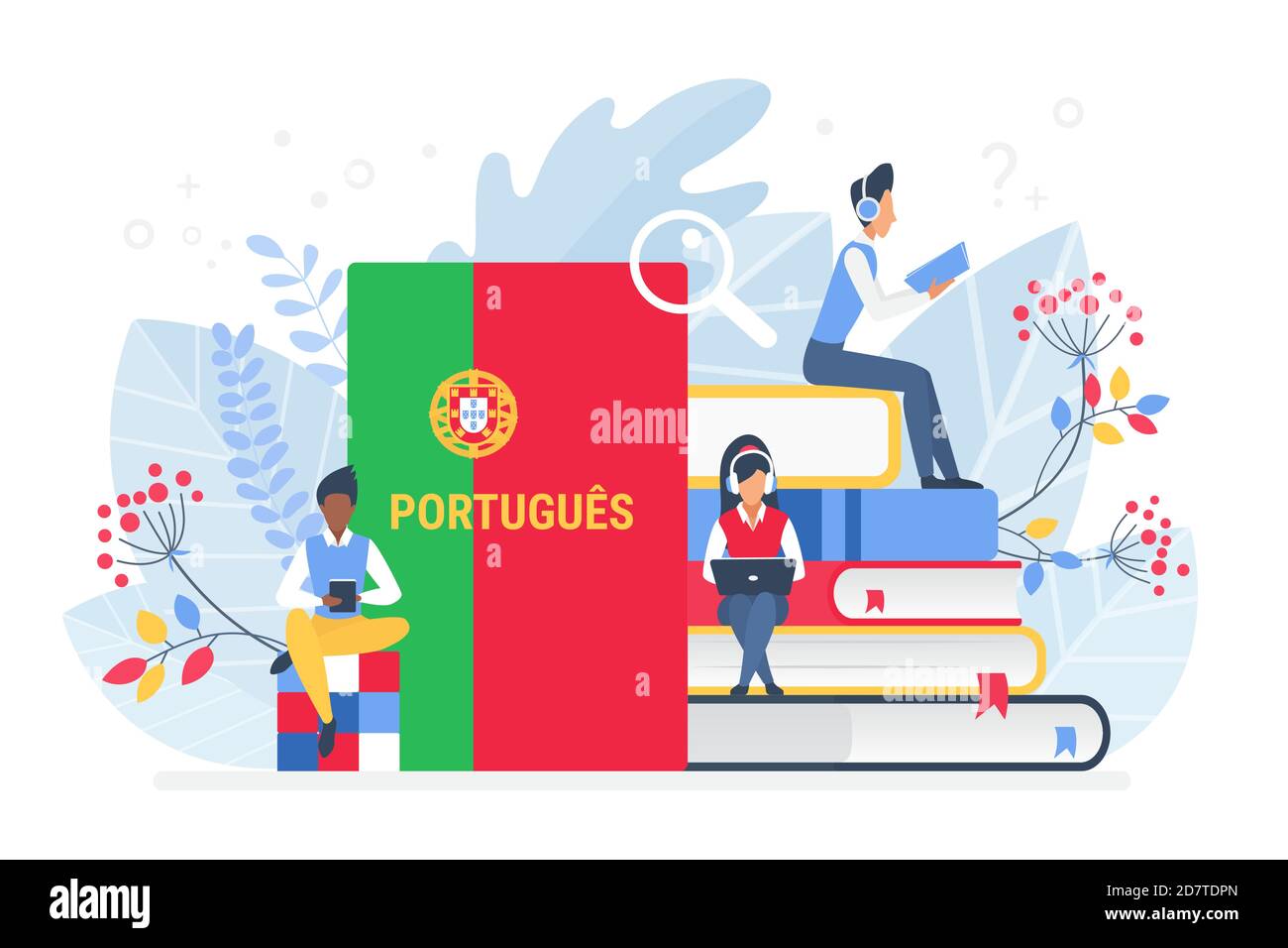 Persone che imparano illustrazione vettoriale della lingua portoghese. Portogallo formazione a distanza, online apprendimento concetto. Studenti che leggono libri cartoni animati. Insegnamento delle lingue straniere Illustrazione Vettoriale