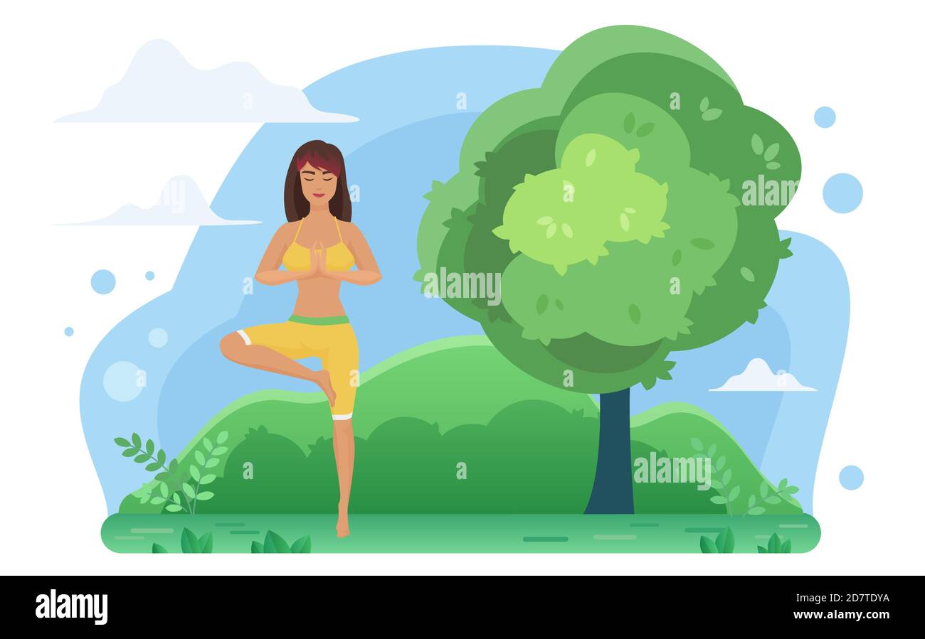 Meditazione yoga in natura illustrazione vettoriale. Cartone animato attivo yogist personaggio donna facendo vrikshasana albero posizione, meditando in yoga asana, attività sana in paesaggio naturale isolato su bianco Illustrazione Vettoriale