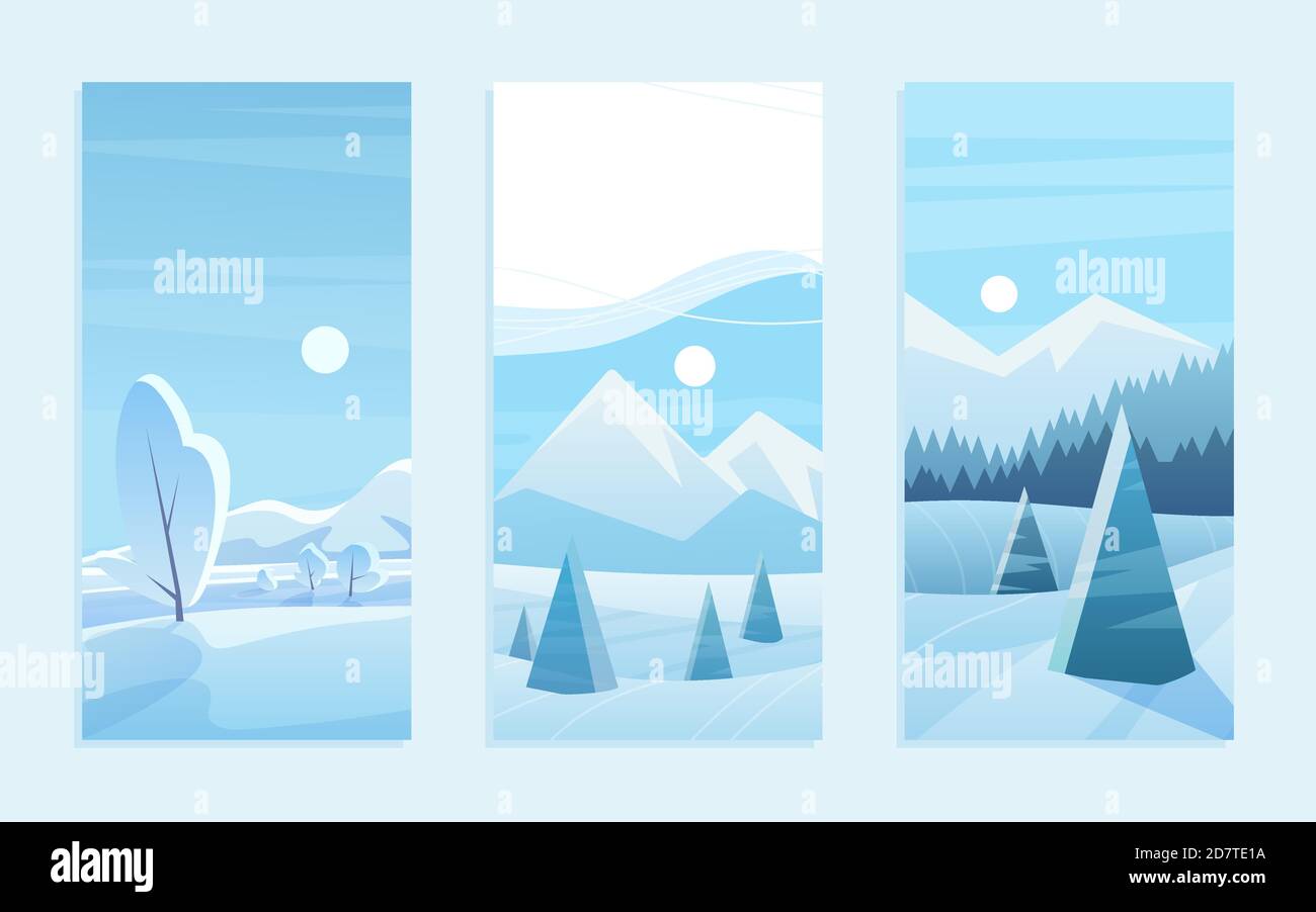 Set di illustrazioni vettoriali per biglietti d'auguri per il paesaggio natalizio. Cartoon carino boschi gelo con pini geometrici sotto la neve, montagne blu pianeggianti all'orizzonte, neve raccolta paesaggio bosco invernale Illustrazione Vettoriale