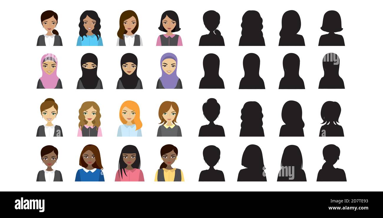 Avatar multietnici femminili e silhouette nera Illustrazione Vettoriale Avatar multietnici femminili e silhouette nera Illustrazione Vettoriale