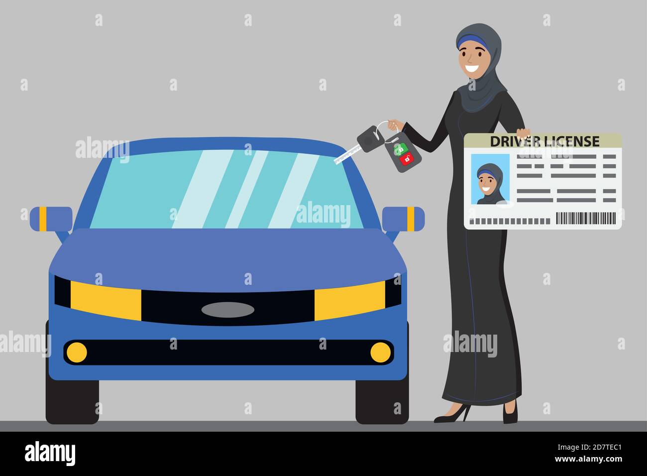 Auto moderna blu e ragazza araba felice Illustrazione Vettoriale
