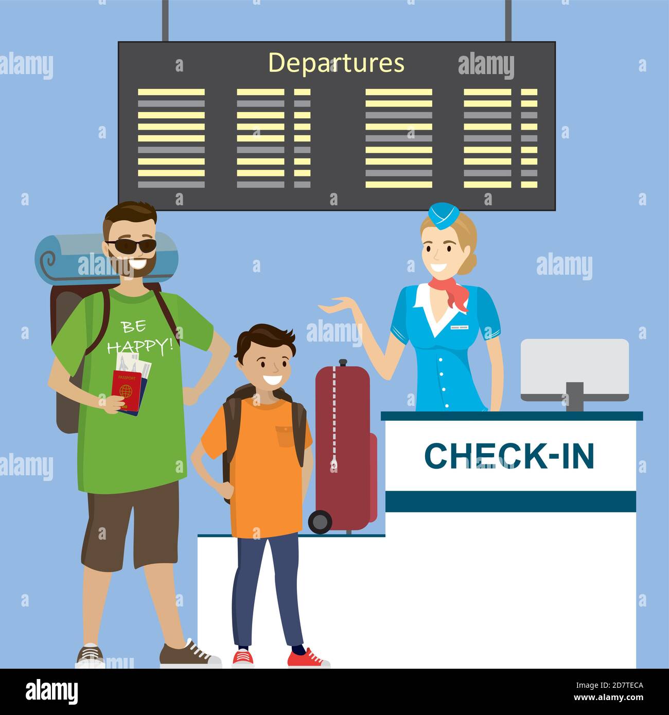 Persone in aeroporto al banco di registrazione. Vacanza e viaggio conc Illustrazione Vettoriale