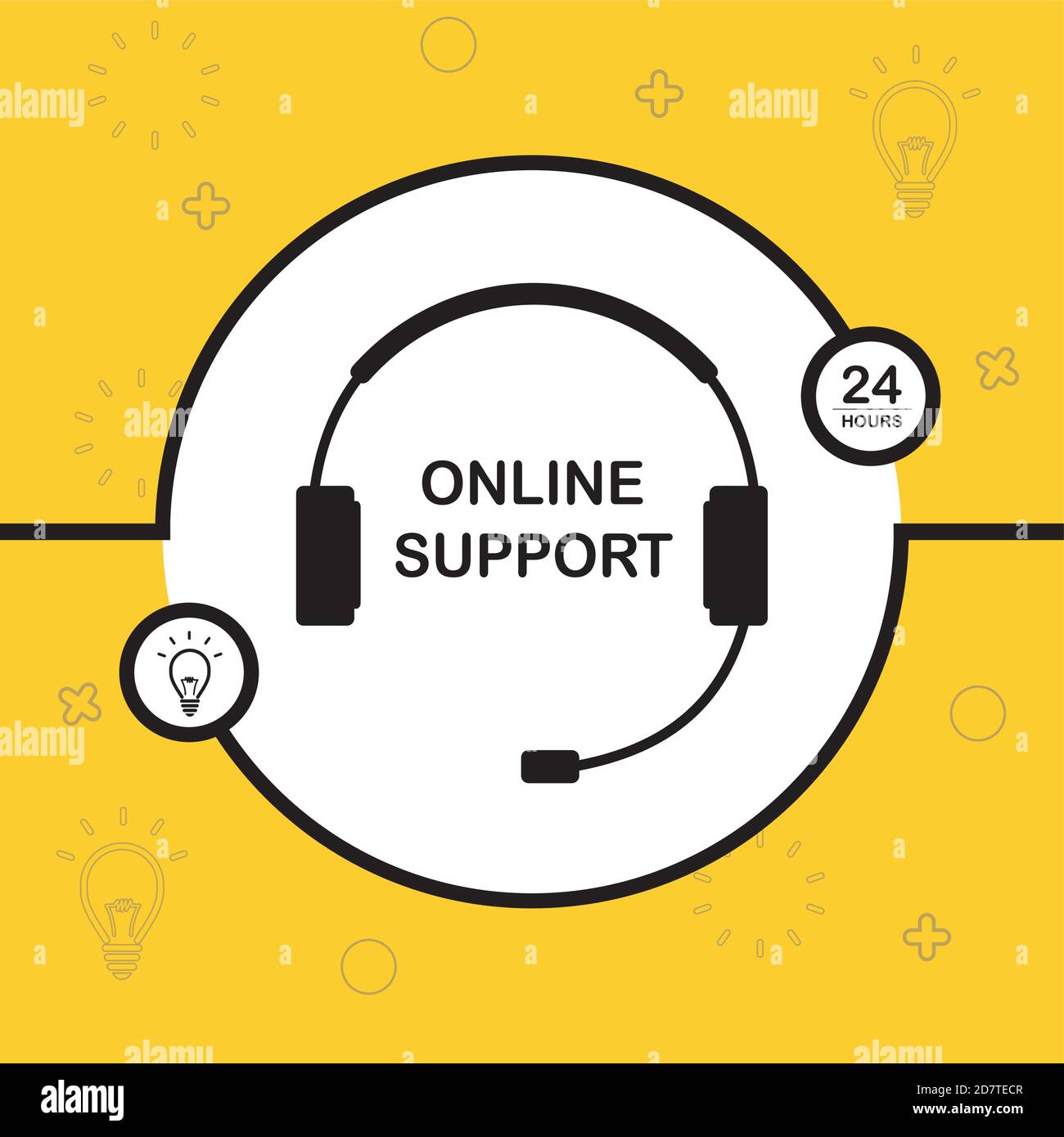 Supporto online in background, cuffie nere in cerchio, Illustrazione Vettoriale