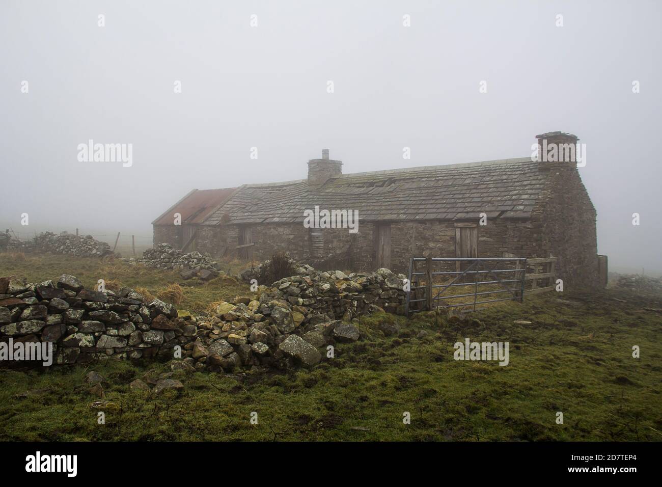 Abbandonato cottage tradizionale scozzese nella nebbia sulle isole orkney Foto Stock