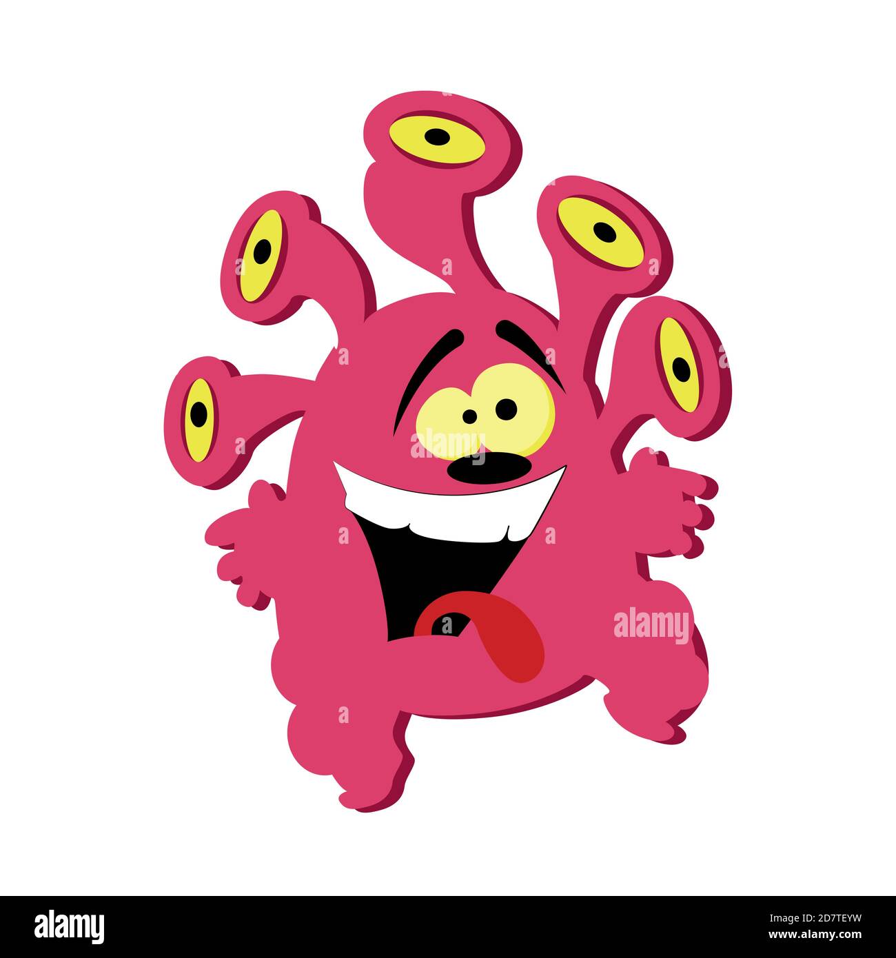 Buffo mostro rosa con gruppo di occhi isolati su bianco. Illustrazione folli goblin attivo e mostro, cartoon goofy giocattolo, gremlin clipart mascotte vecto Illustrazione Vettoriale