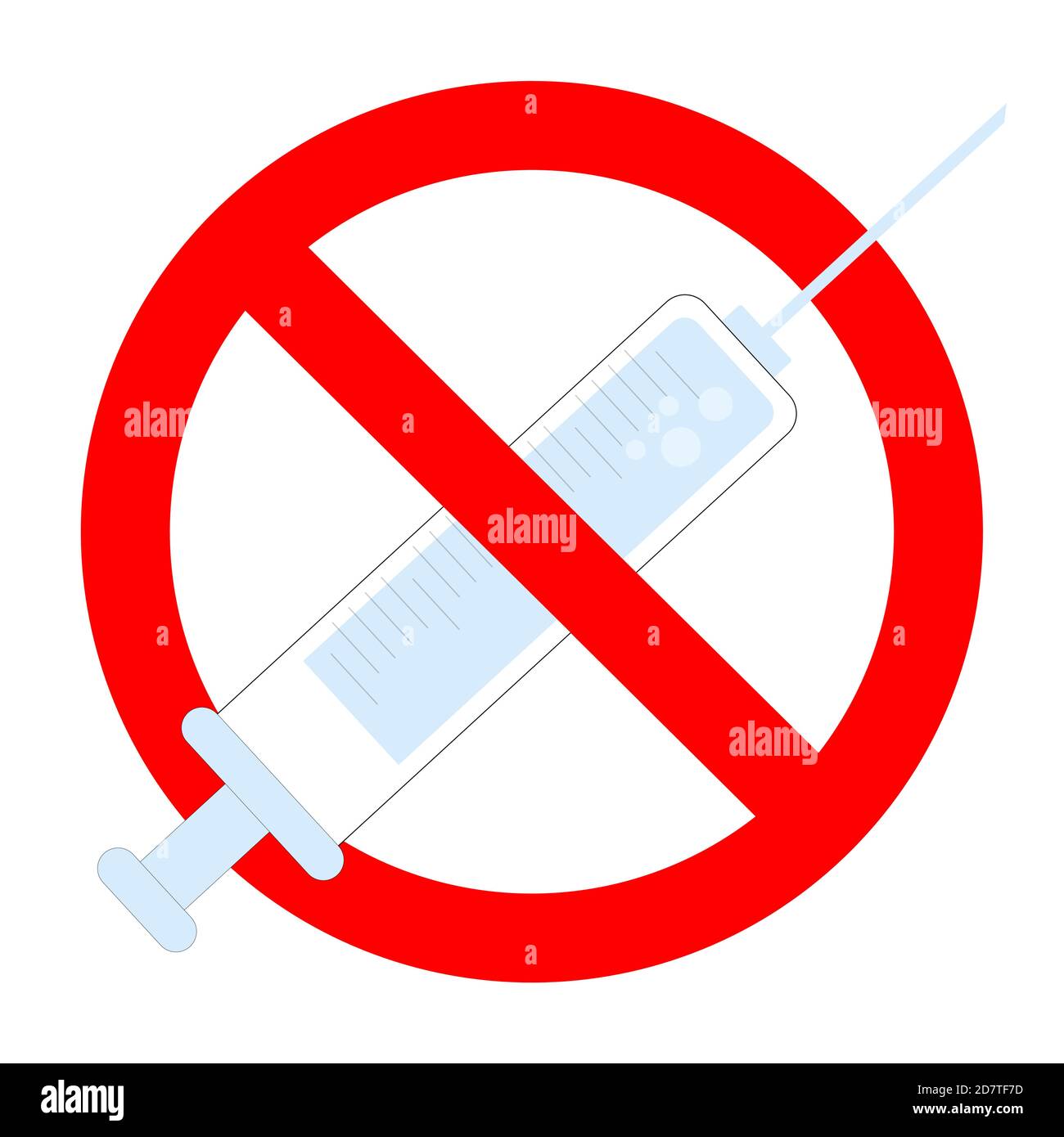 Divieto di vaccinazione, divieto di iniezione mediante siringa simbolo di icona. Vettore proibito e anti vaccinazione, restrizione narcotici e illustrazione del farmaco Illustrazione Vettoriale
