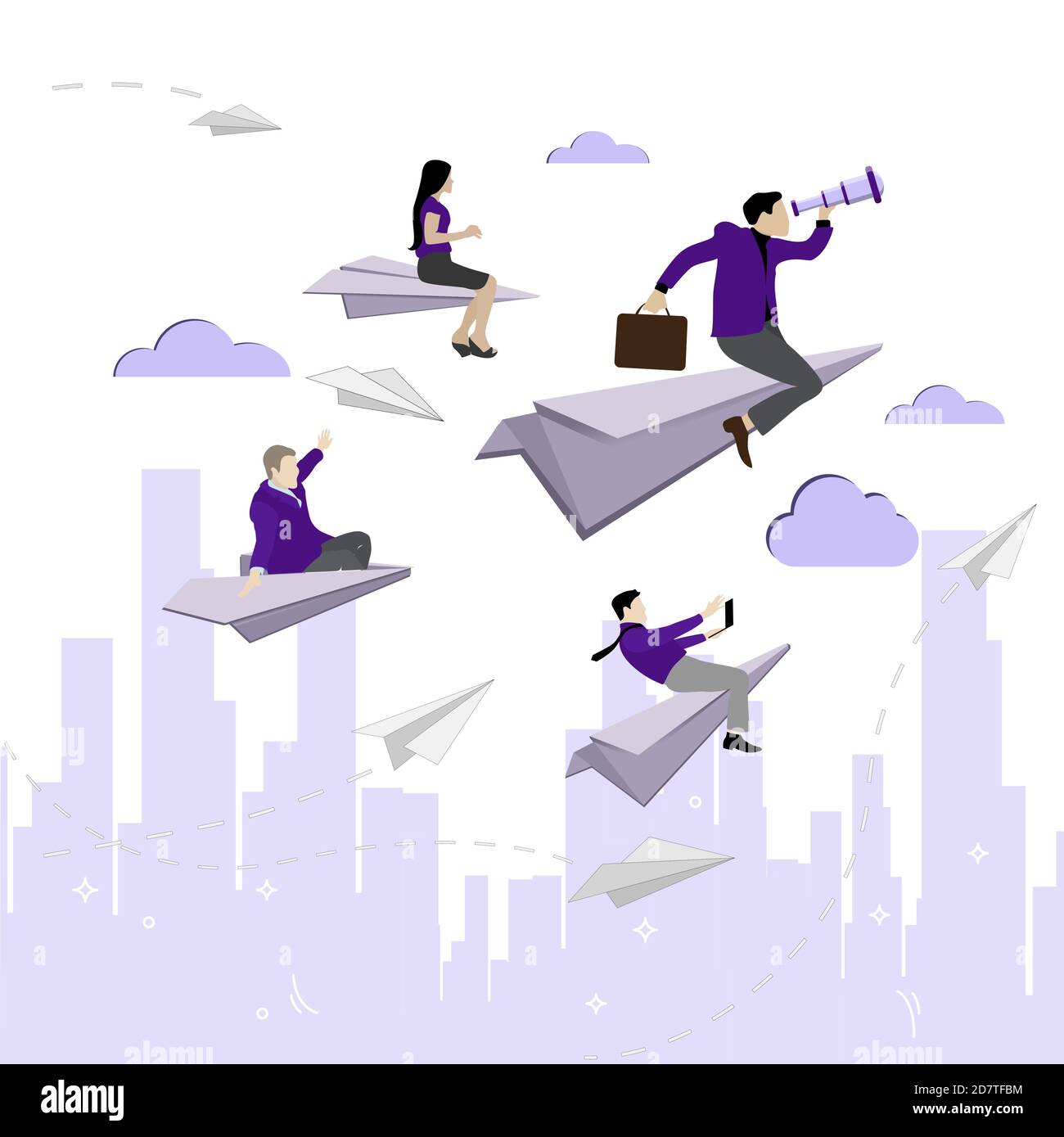 Leader con squadra volare al traguardo. Innovazione vettoriale e opportunità, concetto di sfida di aumento, donna e uomo cercando di illustrazione di successo. Businesman Seek Illustrazione Vettoriale