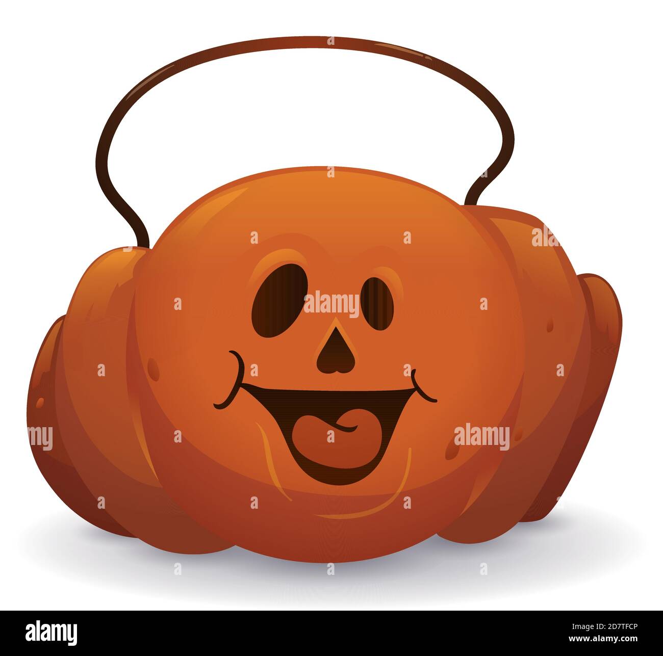 Cesto di caramelle con corda e felice faccia di zucca sorridente per la notte di Halloween, isolato su sfondo bianco. Illustrazione Vettoriale