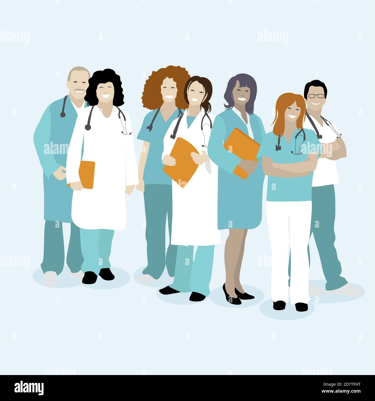 Personale medico, medico e infermiere. Vector Medical line front team, infermiere e medico, dentista e chirurgo professionale illustratio Illustrazione Vettoriale