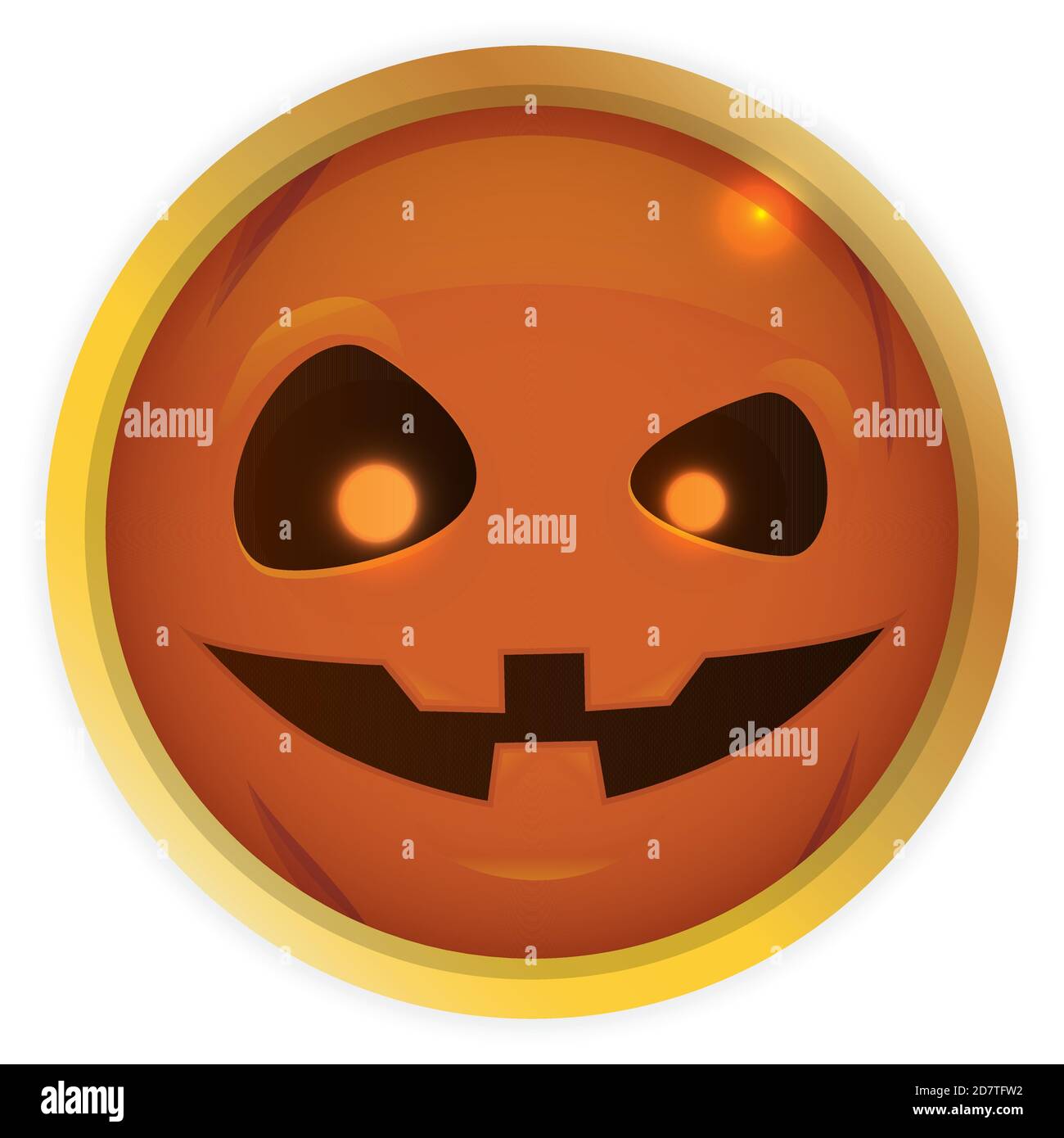 Bottone rotondo dorato con la faccia della zucca di Halloween con gli occhi luminosi all'interno di esso, isolato su sfondo bianco. Illustrazione Vettoriale