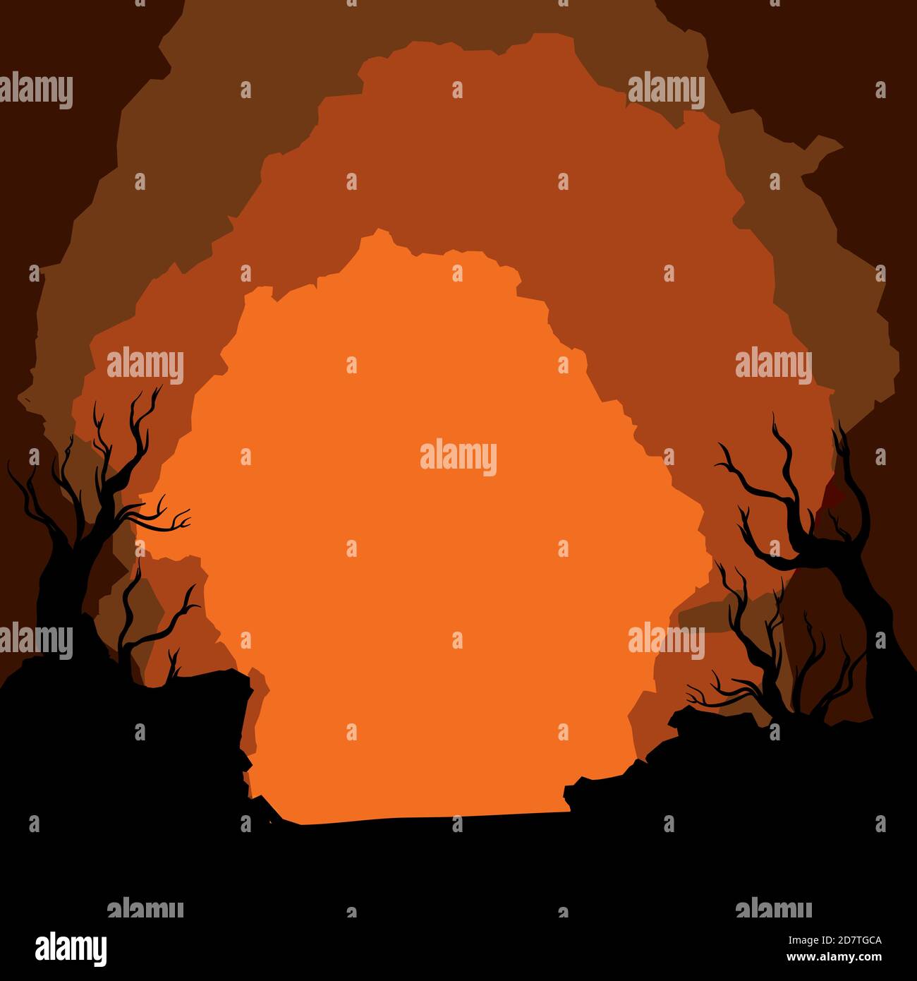 Strano tramonto arancione con alberi secchezza e pooky intorno alla strada. Illustrazione Vettoriale