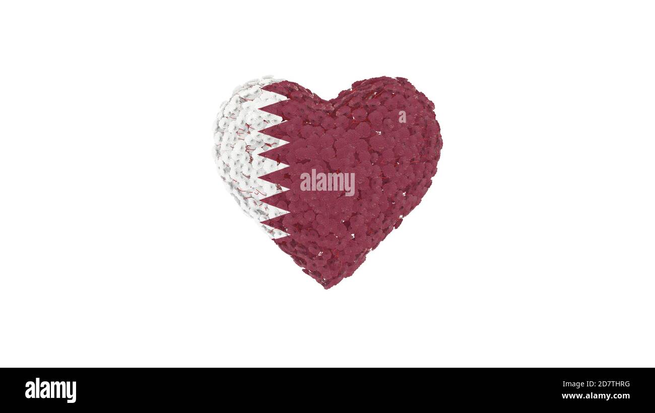 Giornata Nazionale del Qatar. Dicembre 18. Forma del cuore fatta di fiori su sfondo bianco. Rendering 3D. Foto Stock