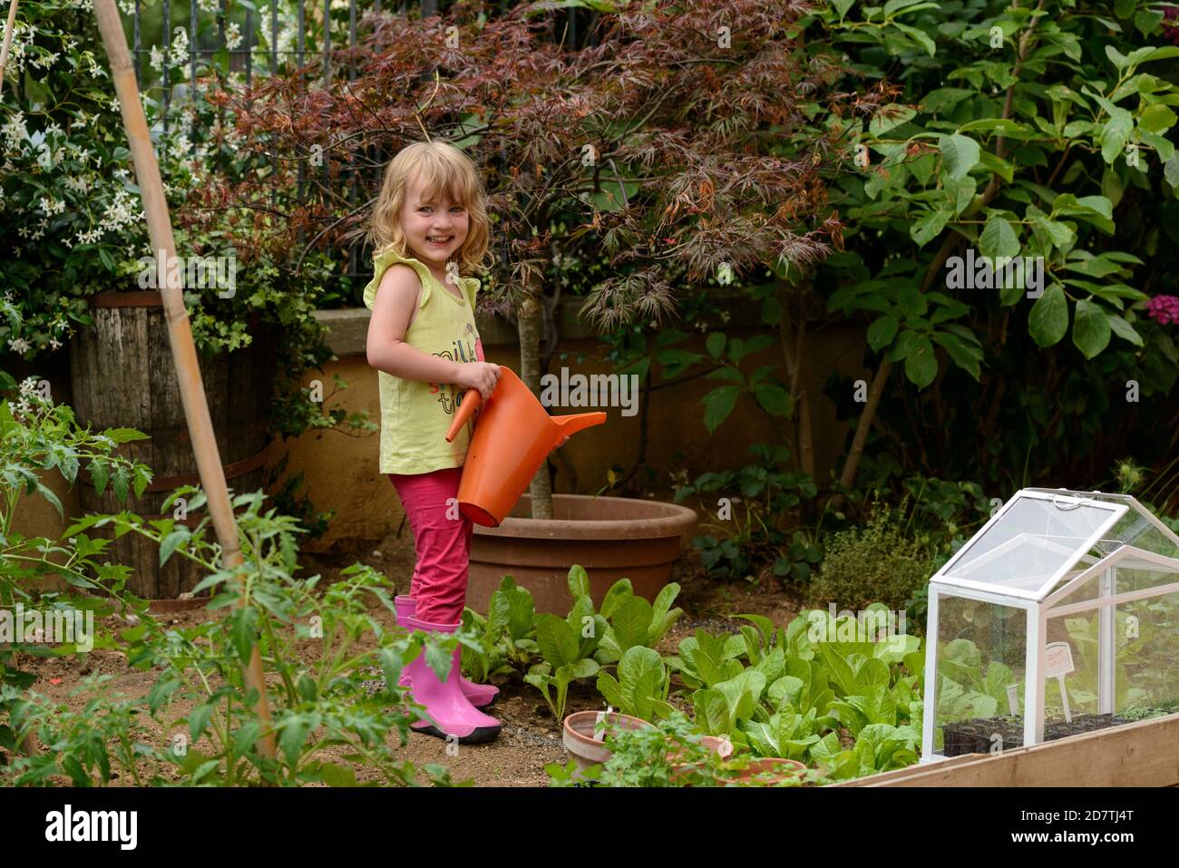 Tre anni ragazza annaffiatura piante in giardino. Foto Stock